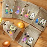Personalized Easter Egg Cartoon Character Burlap Treat Bag with Name and Initial Easter Eggs Hunting Holiday Party Gift for Boys Girls
