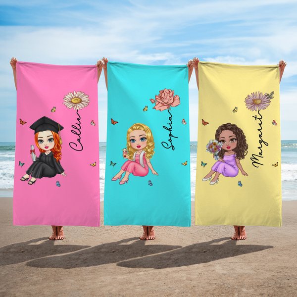 Personalisierte Multicolor Cartoon Absolvent überdimensioniert schnell trockenes Strandtuch mit Geburt Blume und Name Graduierung Strand Pool Party Geschenk für Frauen