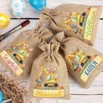Personalized Cute Bunny Excavator Design Reusable Drawstring Burlap Treat Bag with Name Easter Party Gift for Kids