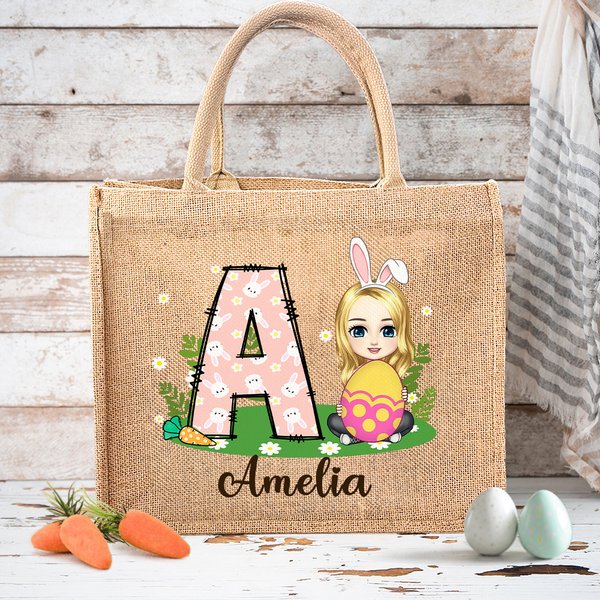 Personalized Cute Cartoon Character Easter Egg Grassland Initial Name Jute Tote Bag Party Favor Easter Hunting Gift for Boys Girls