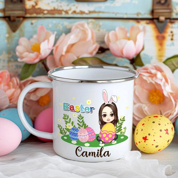 Personalized Cute Easter Eggs Grassland Cartoon Character Name 11oz Enamel Mug Party Favor Easter Gift for Girls Boys