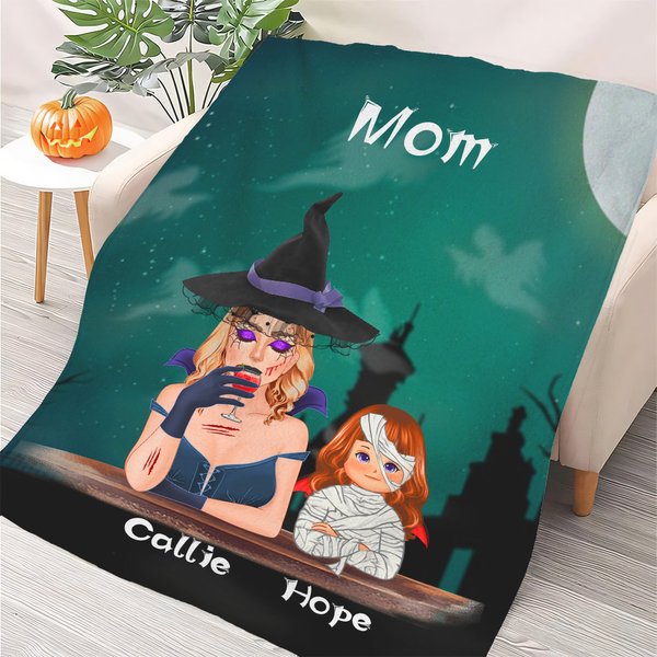Personalized Halloween Theme Witch Vampire Cartoon Character Soft Throw Blanket with 1-6 Names Home Decor Holiday Party Gift for Family Kids