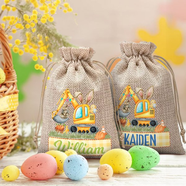Personalized Cute Bunny Excavator Design Reusable Drawstring Burlap Treat Bag with Name Easter Party Gift for Kids