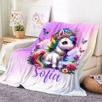 Manta personalizada con arcoíris mariposas flores y un unicornio con nombre regalo de cumpleaños y Día del Niño para amantes de los unicornios