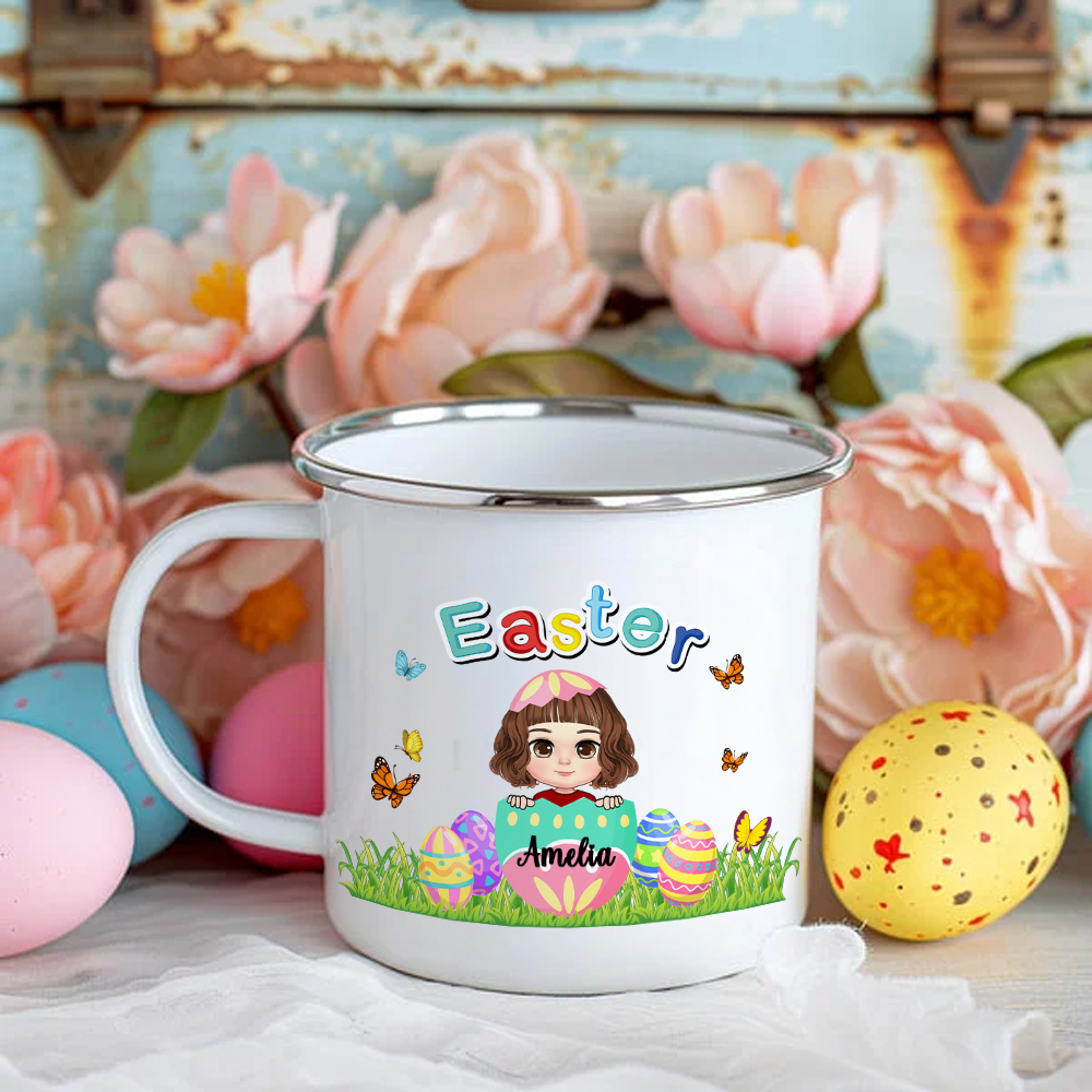 Tasse en acier inoxydable émaillée avec nom et nom de famille Cadeau de Pâques pour les enfants