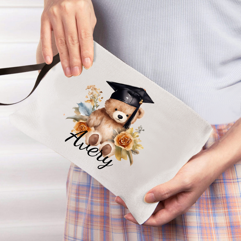Sac cosmétique personnalisé avec nom et chapeau de fin d'études (ours) Cadeau d'anniversaire de fin d'études pour les diplômés
