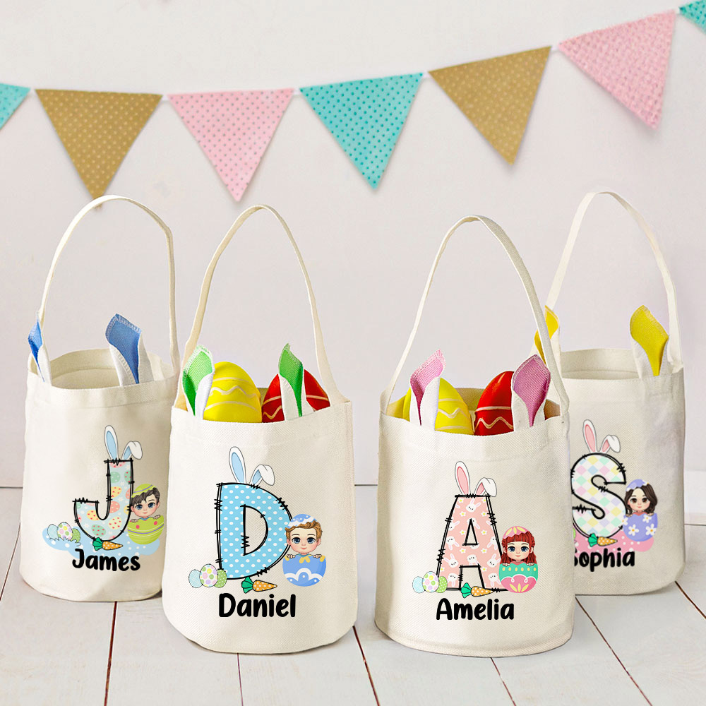 Oeufs de Pâques Personnalisés Oreilles de Lapin Personnage Cartoon Initial Panier de Pâques avec Nom Décorations Chasse aux Oeufs de Pâques Stockage de Bonbons Cadeau pour Enfants