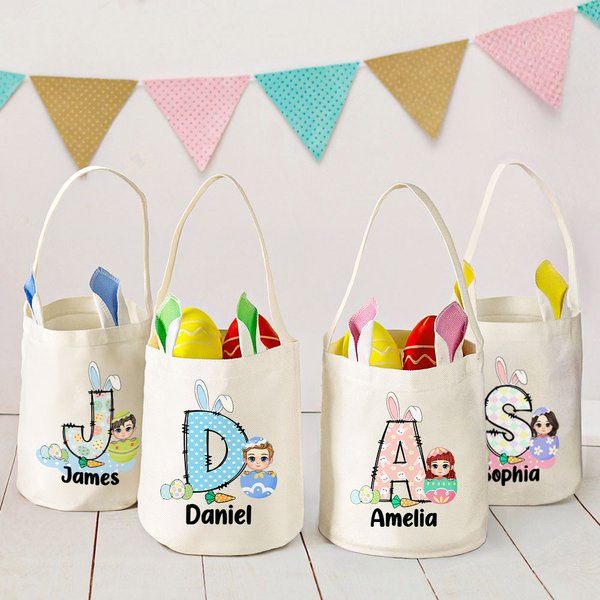 Personalized Easter Eggs Cartoon Character Bunny Ears Initial Easter Basket with Name Easter Egg Hunts Decorations Candy Storage Gift for Kids