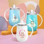 Vaso personalizado con animales del bosque e iniciales con tapa y asa 295 ml regalo de cumpleaños o regreso a la escuela para niños