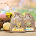 Personalized Cute Bunny Excavator Design Reusable Drawstring Burlap Treat Bag with Name Easter Party Gift for Kids