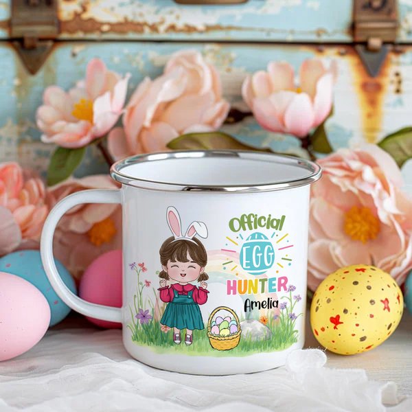 Personalisierte Ostern Offizielle Egg Hunter Cartoon Charakter 11oz Emaille Becher mit Namen Ostern Party Geschenk für Jungen Mädchen