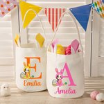 Personalized Cartoon Easter Bunny Character Bucket Bag Basket with Initial and Name Easter Egg Hunt Supplies Party Pavors Gift for Boys Girls