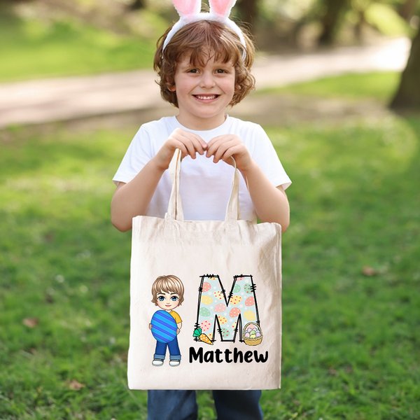 Personalized Easter Egg Cartoon Character Large Capacity Tote Bag with Initial and Name Easter Party Gift for Boys Girls