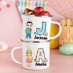 Personalisierte Osterhase Ei Cartoon Charakter 11oz Emaille Becher mit Initialen und Namen Ostern Party Geschenk für Jungen Mädchen