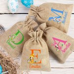 Personalized Cartoon Easter Bunny Character Reusable Drawstring Burlap Treat Bag with Initial and Name Easter Party Gift for Kids