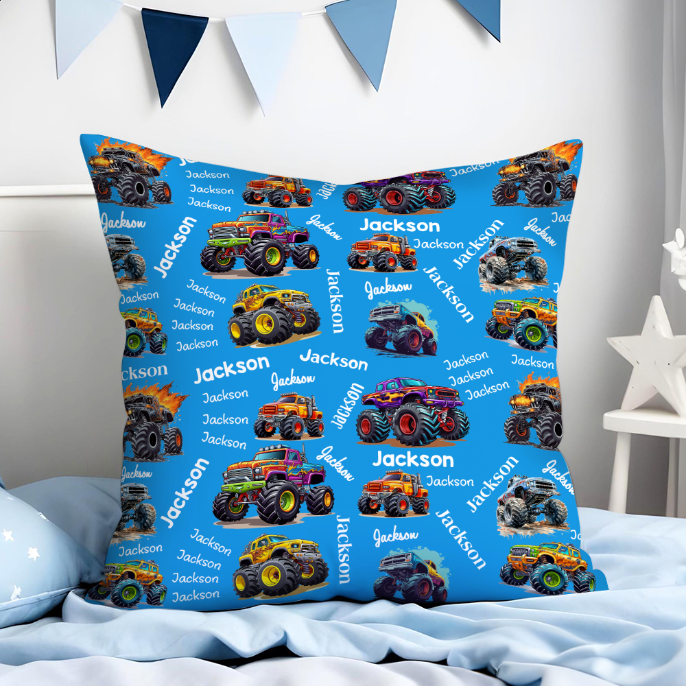 Housse de Coussin Personnalisée avec Nom Style Nuage de Mots et de Camion Décoration de Maison Cadeau Anniversaire pour Famiile Enfants