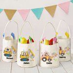 Personalizzato Cartoon Boy Girl Excavator Theme Bunny Ears Bucket Bag Basket con nome Easter Egg Hunt Supplies Birthday Party Favors Gift for Kids