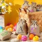 Personalized Cartoon Easter Bunny Character Reusable Drawstring Burlap Treat Bag with Initial and Name Easter Party Gift for Kids