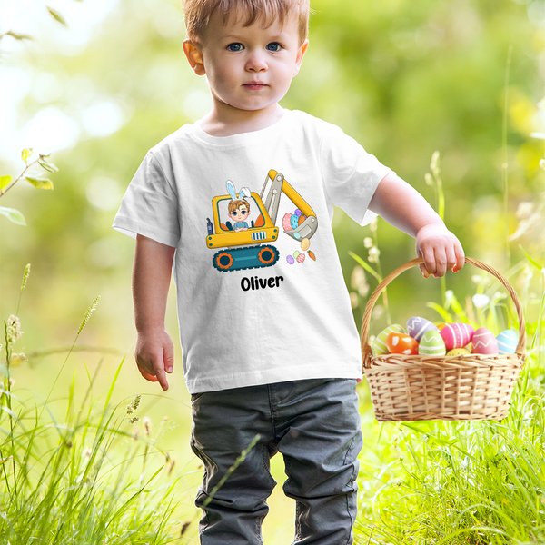 Personlig grävmaskin med kaninöra och påskägg i 100% bomull T-shirt för barn med namn Påskfödelsedagspresent för pojkar och flickor