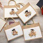 Personalised Cartoon Graduation Hat Bear Floral Jute Tote Bag with Name and Front Pocket Birthday Graduation Gift for Graduates