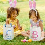 Personalized Cartoon Easter Bunny Character Bucket Bag Basket with Initial and Name Easter Egg Hunt Supplies Party Pavors Gift for Boys Girls