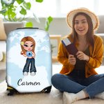 Funda de maleta personalizada estilo Y2K con personaje de dibujos animados de 18-32 pulgadas con nombre y mapa del mundo regalo para mujeres y niñas
