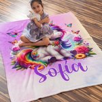 Manta personalizada con arcoíris mariposas flores y un unicornio con nombre regalo de cumpleaños y Día del Niño para amantes de los unicornios