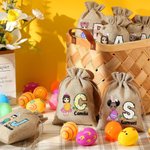 Personalized Easter Egg Cartoon Character Burlap Treat Bag with Name and Initial Easter Eggs Hunting Holiday Party Gift for Boys Girls