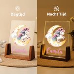 Gepersonaliseerde Schattige Eenhoorn Maan Naam Ontwerp LED Nachtlampje met Houten Basis Babykamer Decor Verjaardag Babyshower Cadeau voor Kinderen