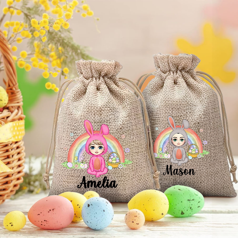 Sac à friandises personnalisé en toile de jute avec nom Cadeau de Pâques pour les enfants
