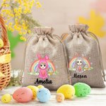 Personalizzato fantasia coniglietto arcobaleno Onesie personaggio dei cartoni animati coulisse Burlap trattare borsa con nome festa di Pasqua regalo per i bambini
