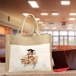 Personalised Cartoon Graduation Hat Bear Floral Jute Tote Bag with Name and Front Pocket Birthday Graduation Gift for Graduates
