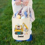 Personalizzato Cartoon Boy Girl Excavator Theme Bunny Ears Bucket Bag Basket con nome Easter Egg Hunt Supplies Birthday Party Favors Gift for Kids