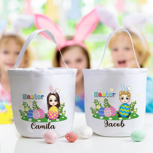 Personalized Easter Eggs Glassland Cartoon Character Canvas Easter Basket with Name Easter Eggs Hunting Party Favor Gift for Boys Girls