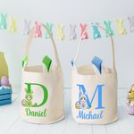 Personalized Cartoon Easter Bunny Character Bucket Bag Basket with Initial and Name Easter Egg Hunt Supplies Party Pavors Gift for Boys Girls