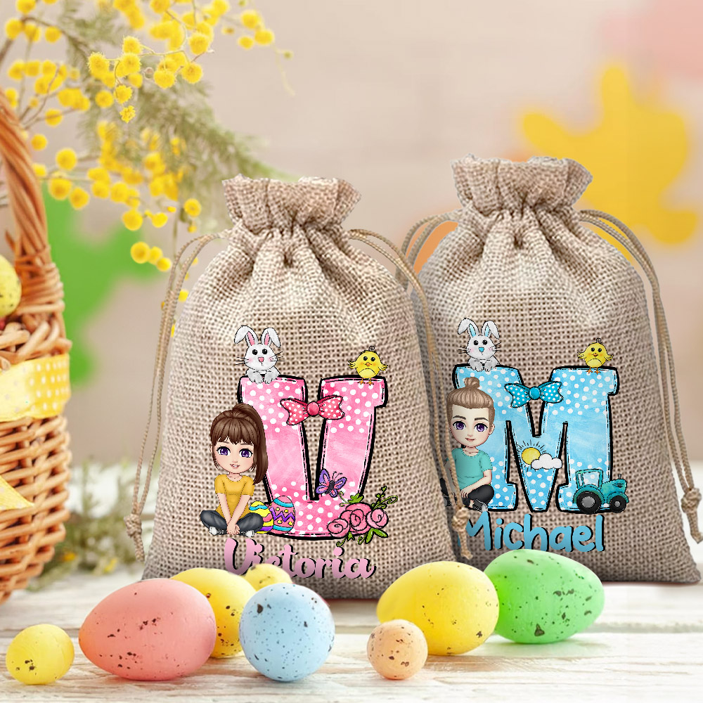 Sac à friandises personnalisé en toile de jute avec nom Cadeau de Pâques pour les enfants