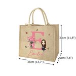 Bolso de yute reutilizable con nombre personalizado con flores de nacimiento y personaje de dibujos animados regalo de cumpleaños para mujeres y niñas