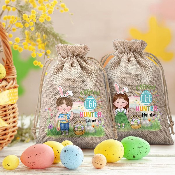 Personalized Official Egg Hunter Cartoon Character Drawstring Burlap Treat Bag with Name Easter Party Favor Gift for Boys Girls