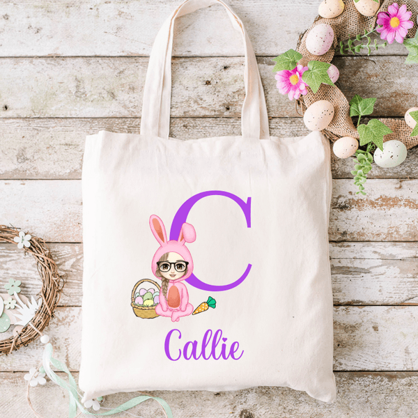 Personalized Cartoon Easter Bunny Character Canvas Tote Bag with Initial and Name Easter Party Gift for Boys Girls