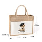 Personalised Cartoon Graduation Hat Bear Floral Jute Tote Bag with Name and Front Pocket Birthday Graduation Gift for Graduates