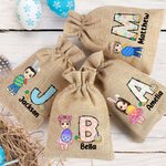 Personalized Easter Egg Cartoon Character Burlap Treat Bag with Name and Initial Easter Eggs Hunting Holiday Party Gift for Boys Girls