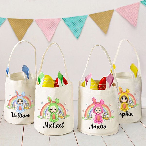Personalized Rainbow Eggs Bunny Costume Cartoon Character Basket with Name Easter Party Birthday Gift for Boys Girls