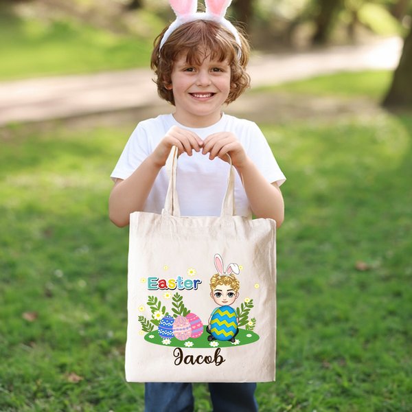 Personalized Easter Eggs Grassland Cartoon Character Name Canvas Tote Bag Party Favor Easter Eggs Hunting Gift for Boys Girls
