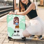 Funda de maleta personalizada estilo Y2K con personaje de dibujos animados de 18-32 pulgadas con nombre y mapa del mundo regalo para mujeres y niñas