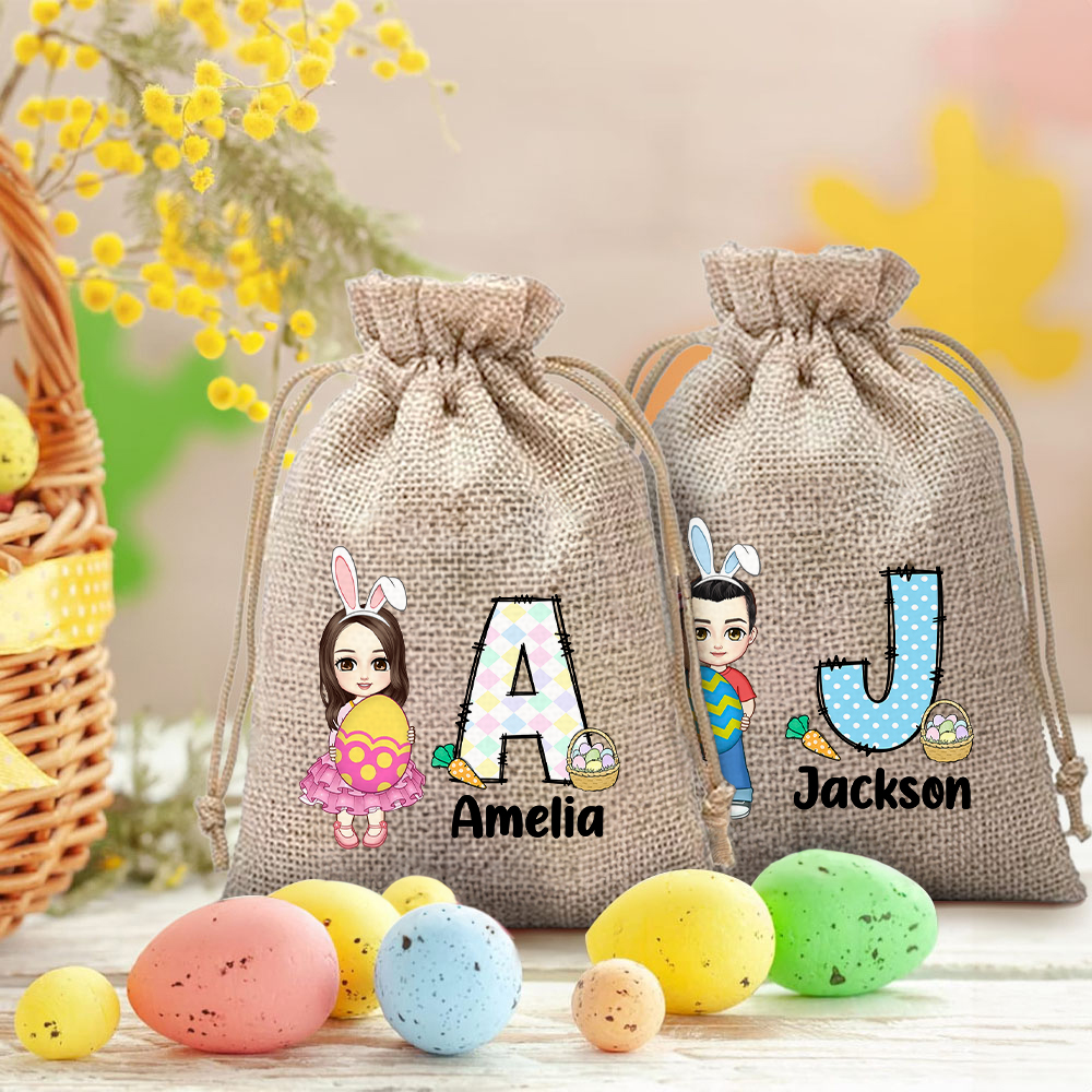 Sac à friandises en toile de jute personnalisé avec nom et initiales Œufs de Pâques Chasse Cadeau de fête pour garçons filles