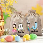 Personalized Easter Egg Cartoon Character Burlap Treat Bag with Name and Initial Easter Eggs Hunting Holiday Party Gift for Boys Girls