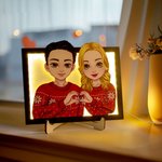 Marco de madera con soporte y personaje de dibujo animado con gesto de corazón personalizado regalo de San Valentín o aniversario para pareja