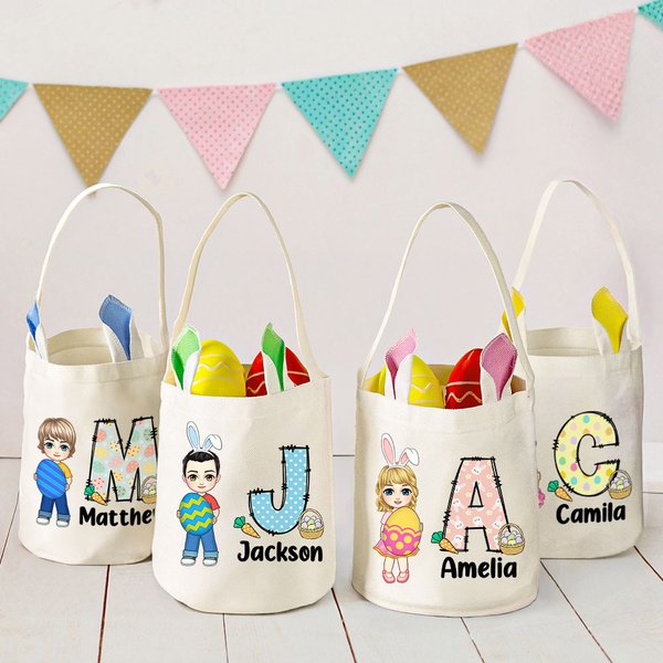 Panier Personnalisé avec Personnage Dessin Animé Initiale et Nom Cadeau Anniversaire Fête Pâques pour Enfants