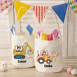 Personalizzato Cartoon Boy Girl Excavator Theme Bunny Ears Bucket Bag Basket con nome Easter Egg Hunt Supplies Birthday Party Favors Gift for Kids