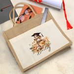 Personalised Cartoon Graduation Hat Bear Floral Jute Tote Bag with Name and Front Pocket Birthday Graduation Gift for Graduates